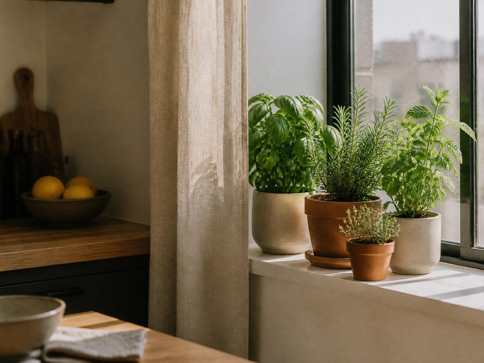 Small terracotta pots of basil, rosemary, thyme and mint on an apartment windowsill in morning light